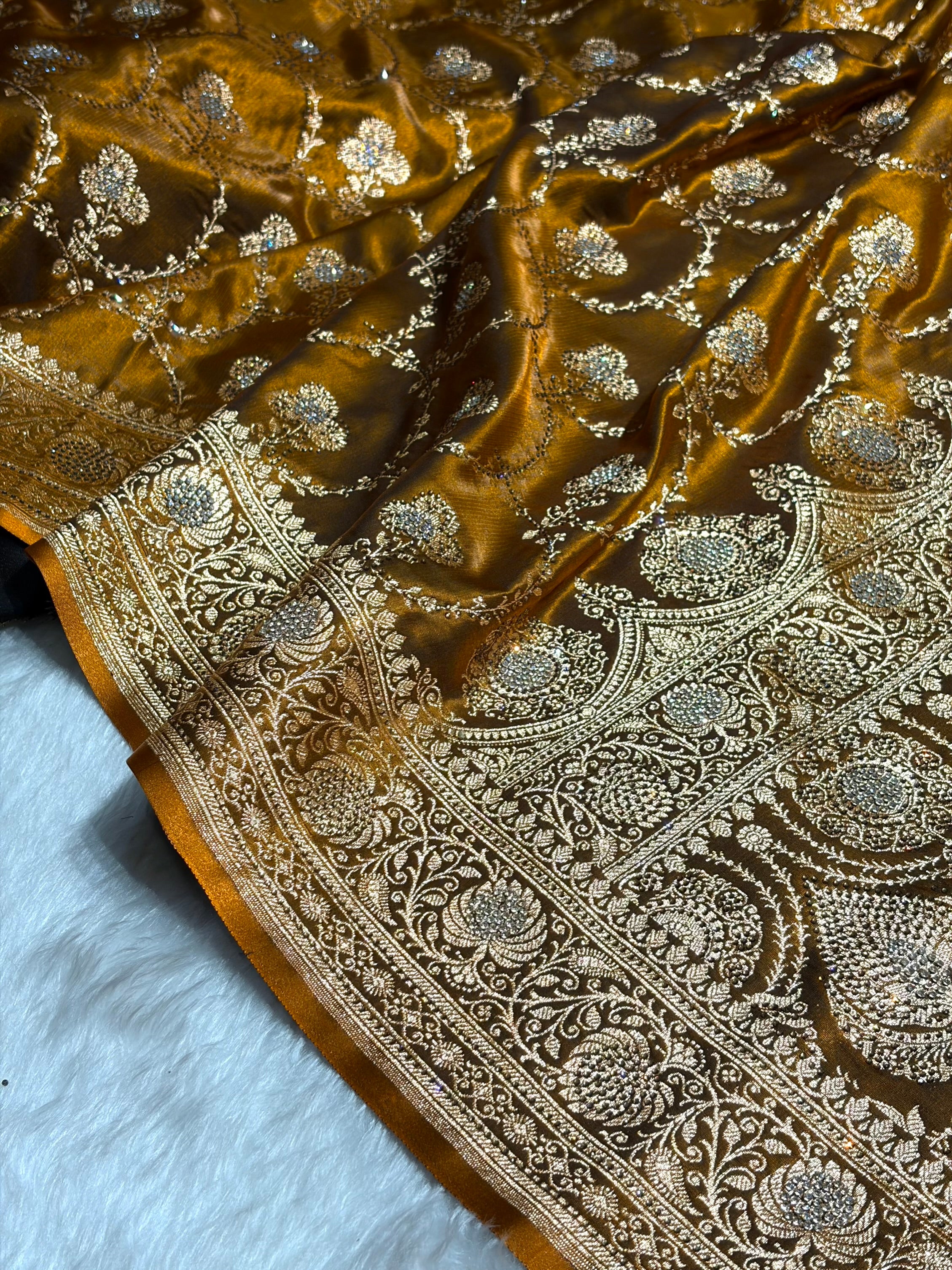 Satin Silk Saree Banarasi Swarovski Work Jaal in Mehendi Shades BSS23 (R)