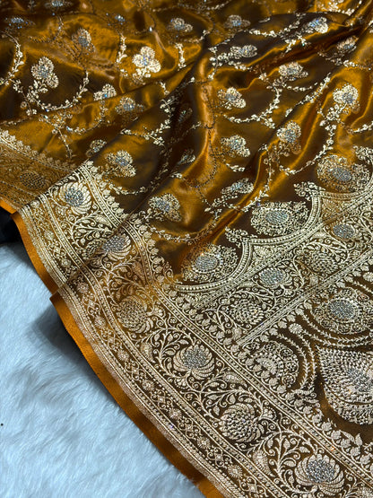 Satin Silk Saree Banarasi Swarovski Work Jaal in Mehendi Shades BSS23 (R)