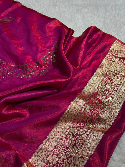 Light Weight Reddish Magenta Satin Silk Saree with Swarovski work BSS14