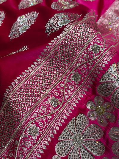 Premium Birdal Banarasi Satin Katan Saree With Swarovski Ari & Zardozi Work Minakari Boota in Rani Shades BSK93