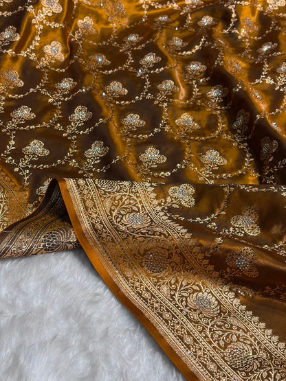 Satin Silk Saree Banarasi Swarovski Work Jaal in Mehendi Shades BSS23 (R)