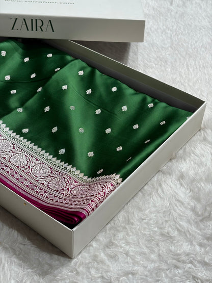 Bottle Green Shades With Contrast Rani Border Booti Mashru Silk Saree MS79