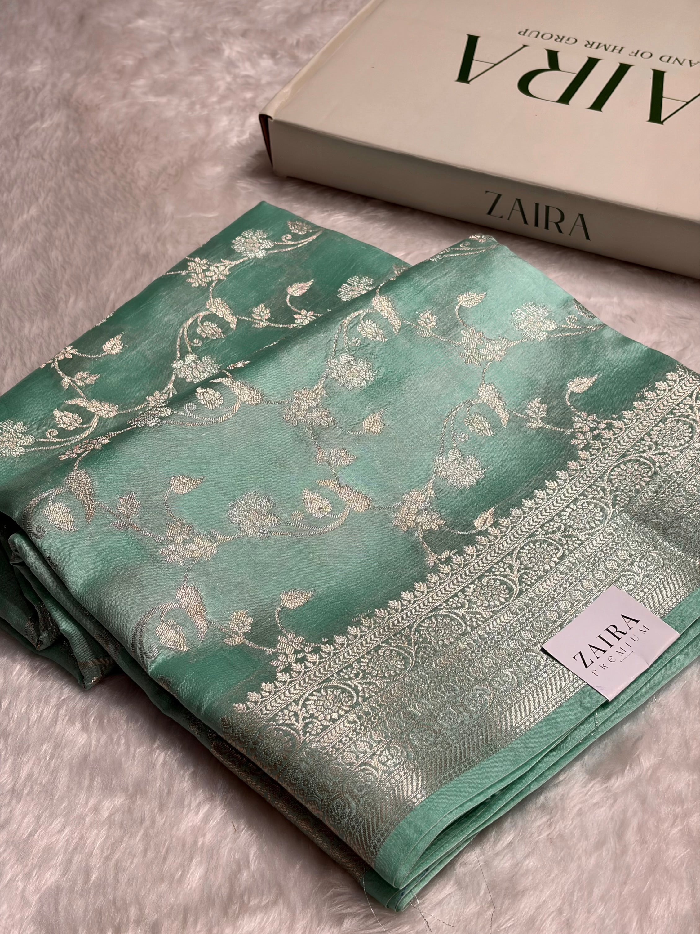 Sea Green Banarasi Jaal Pure Caramel Silk Saree CS-07