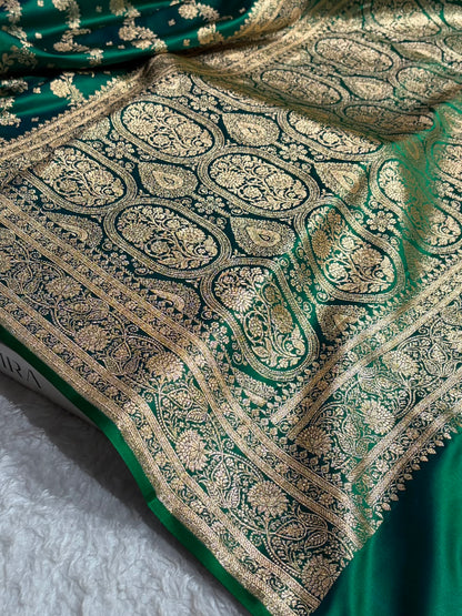 Banarasi Satin Katan Saree With Jaal Pattern in Cross Green Shades SK121