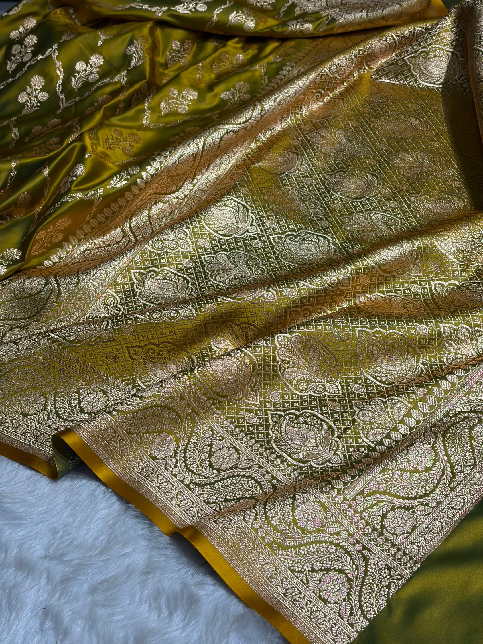 Liril Green Cross with Boota Pattern Satin Katan Silk Saree SK67