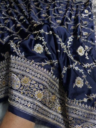 Banarasi Navy Blue Shades Jaal Mashru Silk Saree With Ari Stone Work BMCS44
