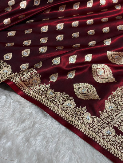 Banarasi Maroon Shades Minakari Booti Pattern Banarasi Satin Silk Saree SS60