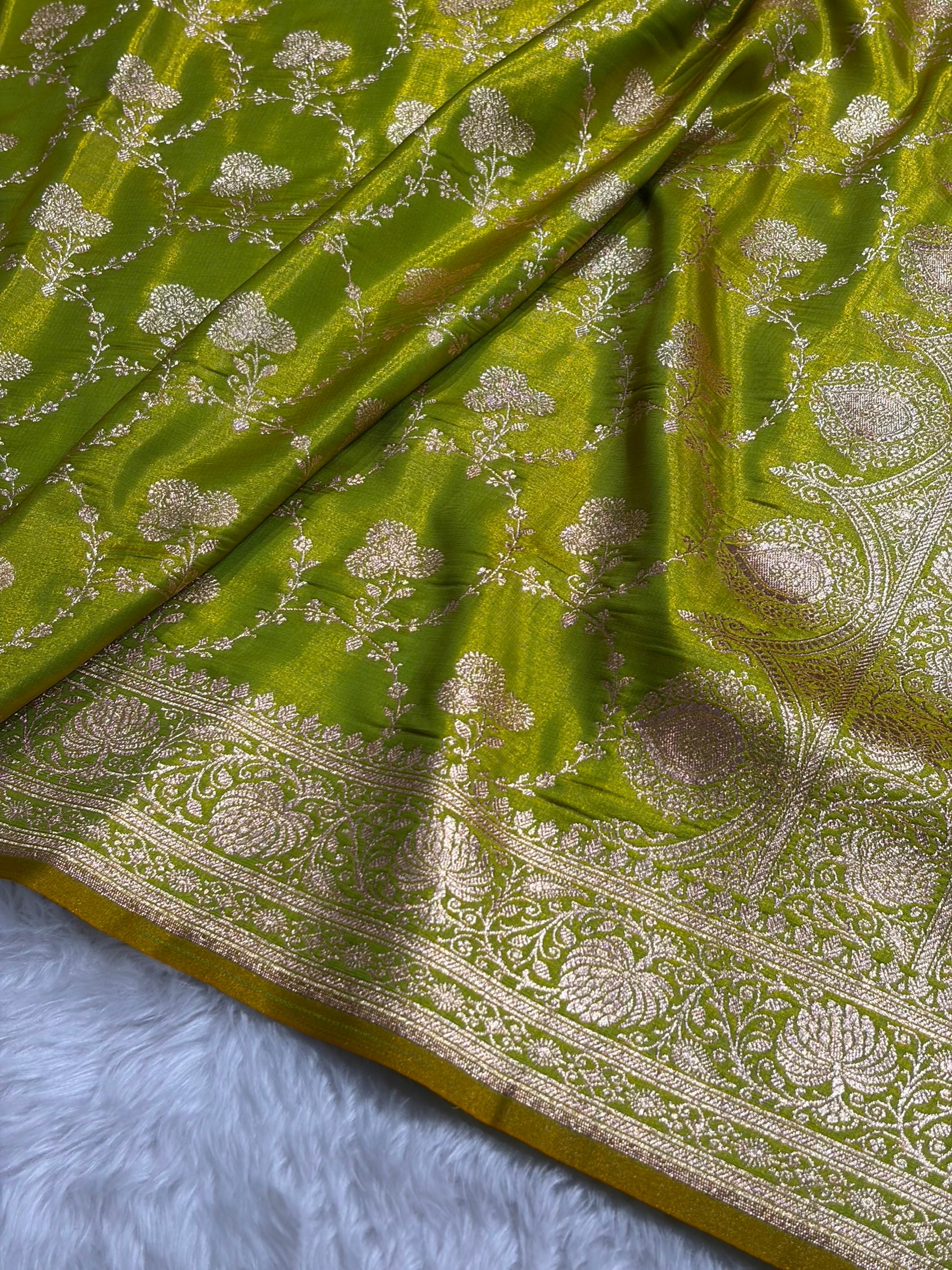 Banarasi Satin Silk Saree Jaal in Liril Green Shades SS23