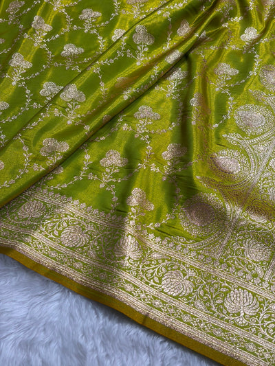 Banarasi Satin Silk Saree Jaal in Liril Green Shades SS23