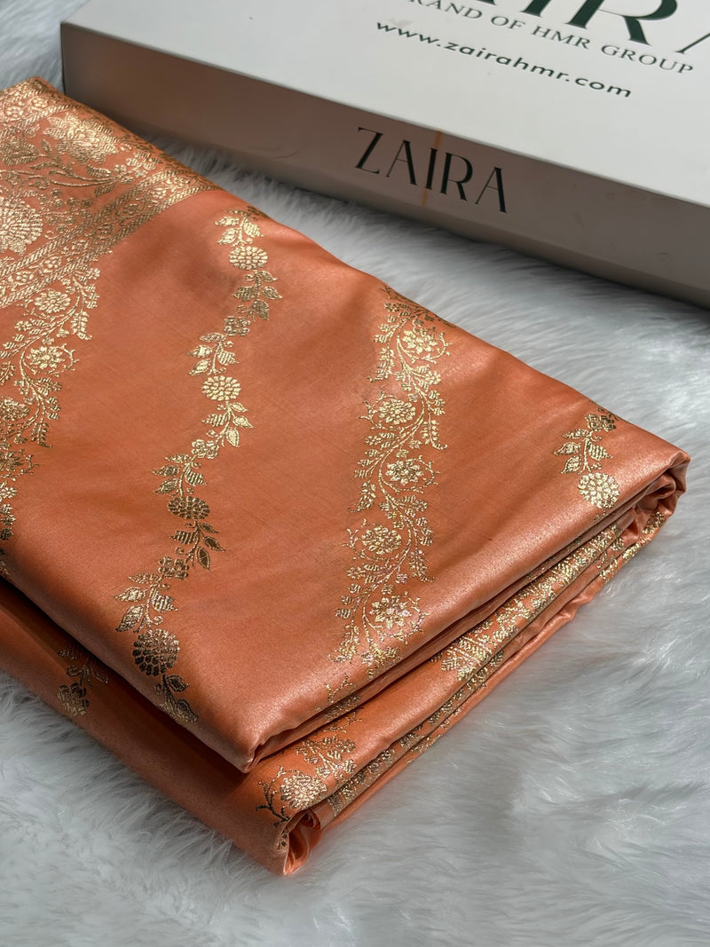 Banarasi Light Weight Satin Silk Peach Cross Pattern SS10