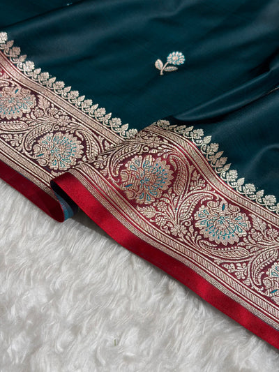 Dark Rama / Red Shades Banarasi Booti Pattern Mashru Silk Saree MSM-137