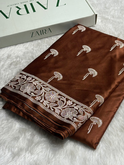 Dark Rust Shades Floral Booti Mashru Silk Saree