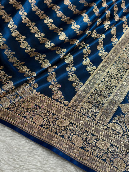 Banarasi German Blue Shades Cross Pattern Banarasi Satin Silk Saree SS51