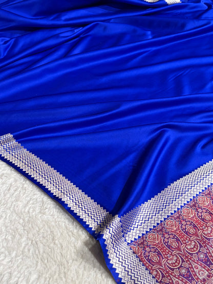 Premium Banarasi Satin Katan Saree Plain With Tanchoi Blouse in Royal Blue Shades SK129