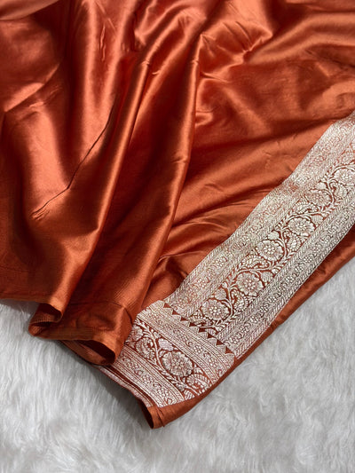 Rust Brown Shades Banarasi Minakari Floral Jaal Mashru Silk Saree MCS28