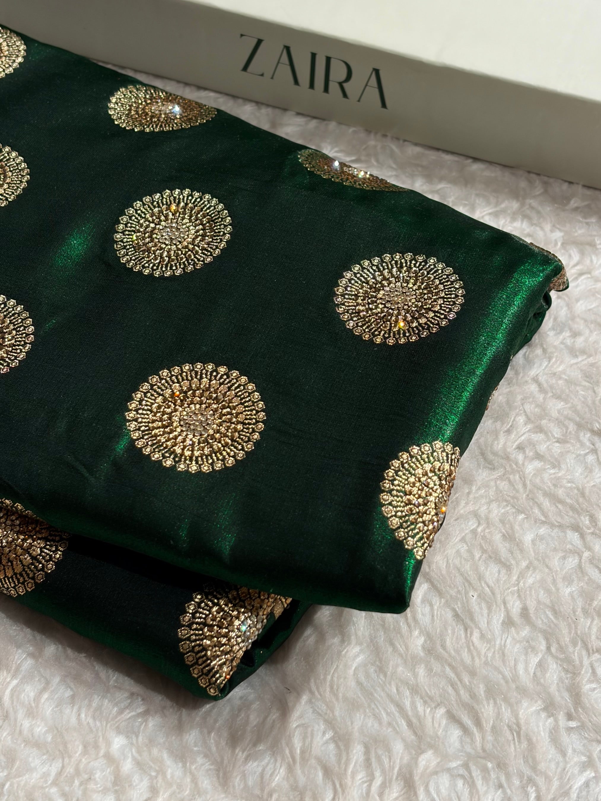 Bottle Green Shades Banarasi With Swarovski Stone Work Satin Silk Saree BSS33