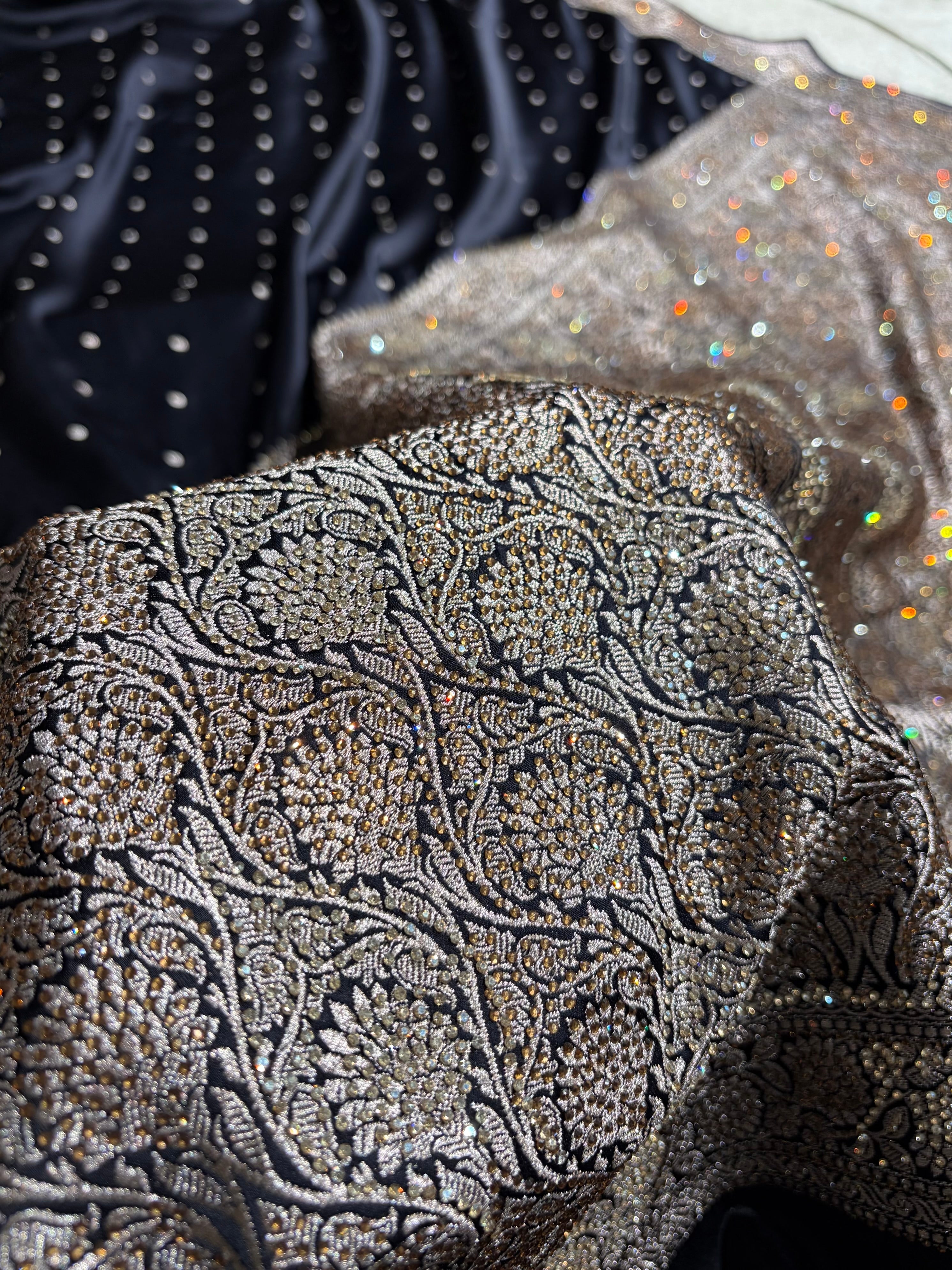 Black Shades Booti With Swarovski Stone Work Mashru Silk Saree BMS65