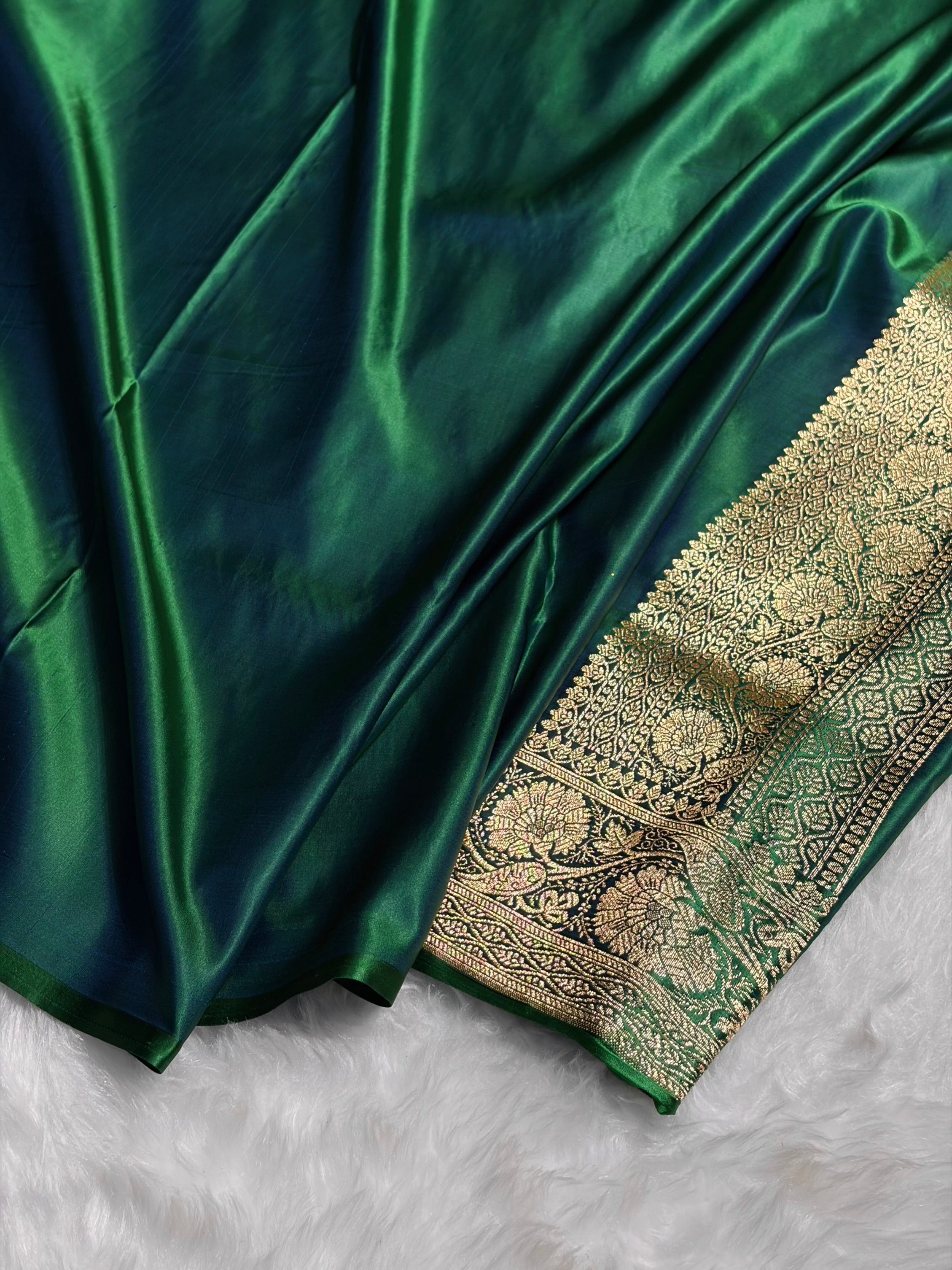 Cross Green Unique Boota Pattern Satin Katan Silk Saree SK68