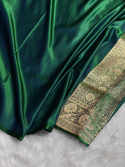 Cross Green Unique Boota Pattern Satin Katan Silk Saree SK68