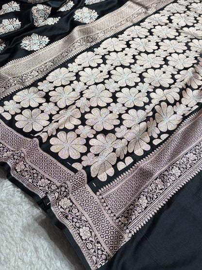 Premium Banarasi Satin Katan Saree With Minakari Boota in Black Shades SK93