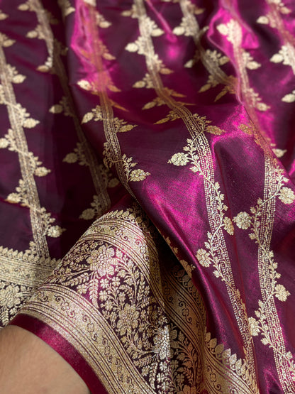 Wine Shades Cross Pattern Banarasi Satin Silk Saree SS50