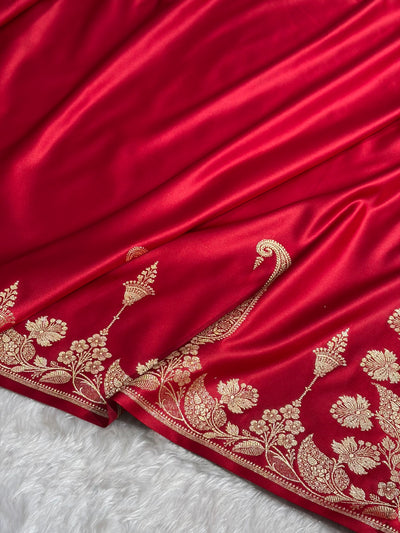 Banarasi Satin Katan Saree Plain With Floral Border Pattern in Red Shades SK140