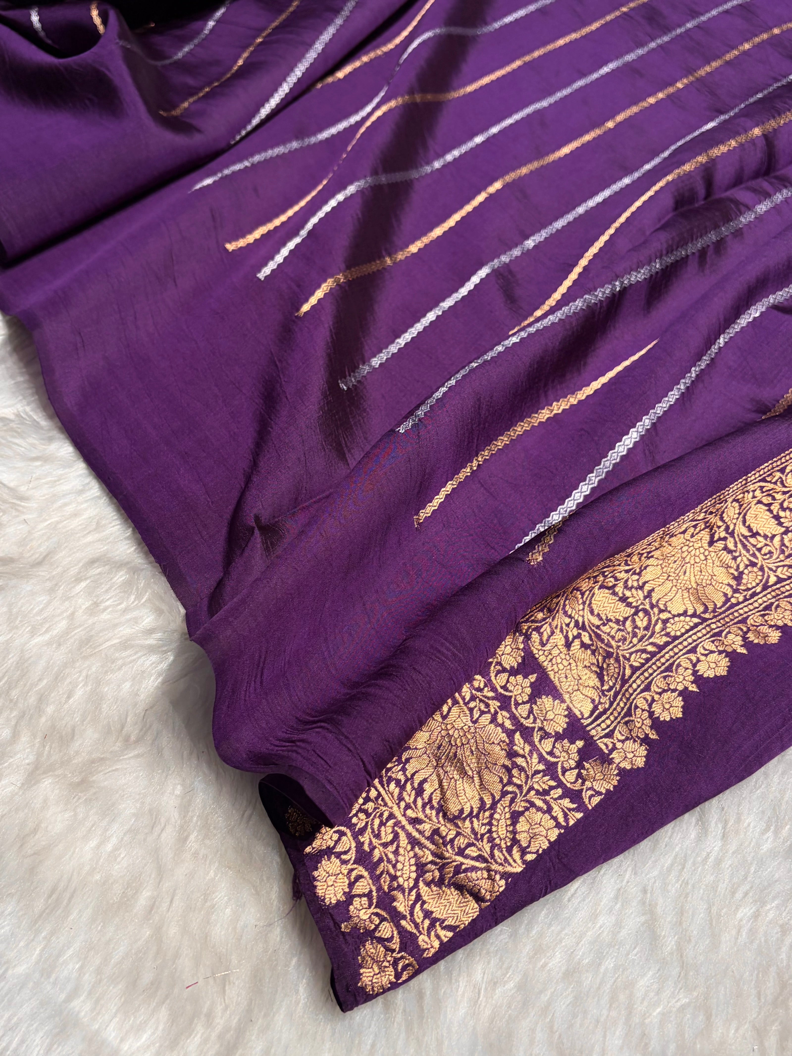 Contrast Mehendi With Purple Boota Handwoven Pure Katan Raw Mango Silk RM-33