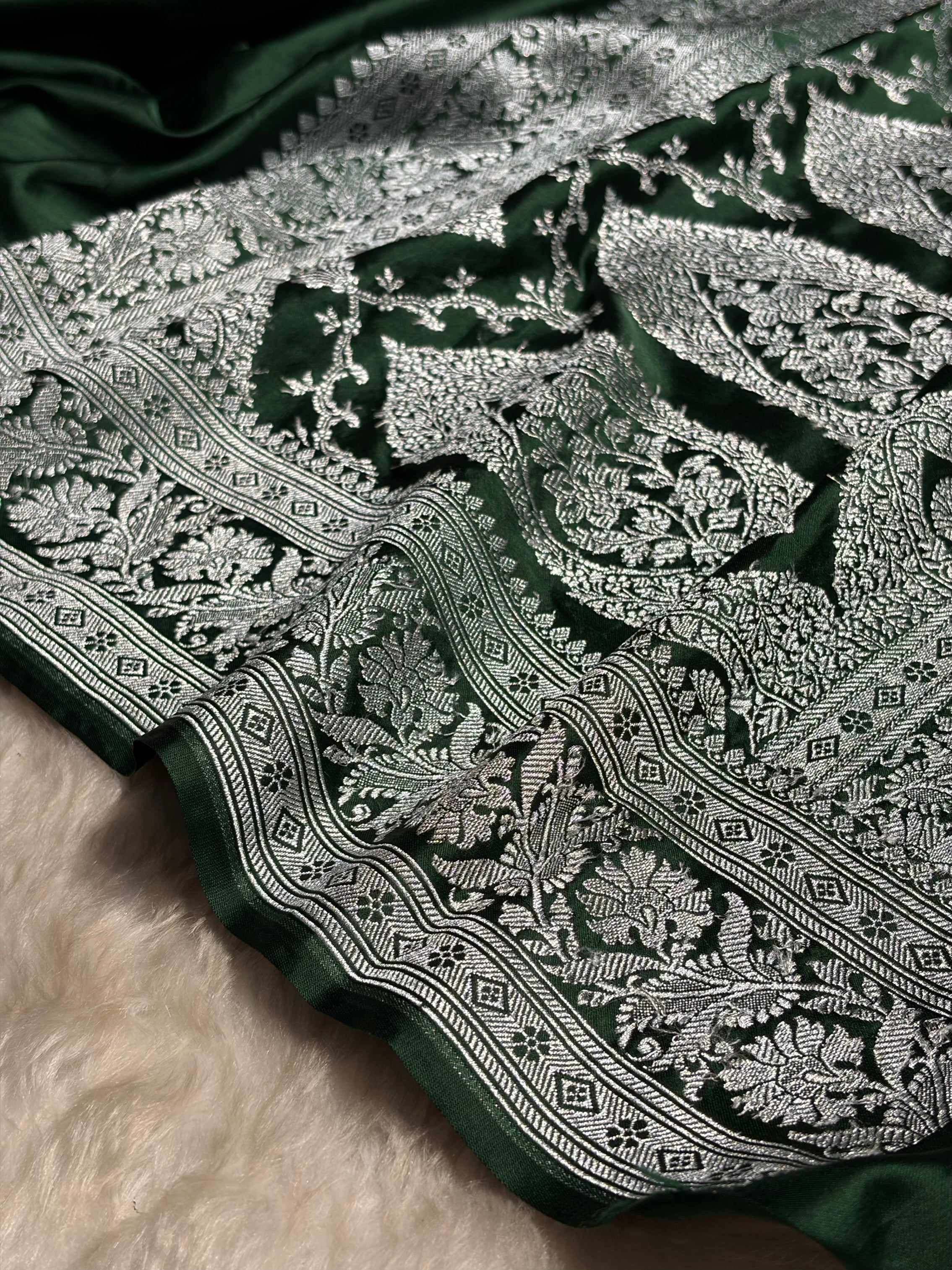 Dark Bottle Green Plain Mashru Silk Saree MS22