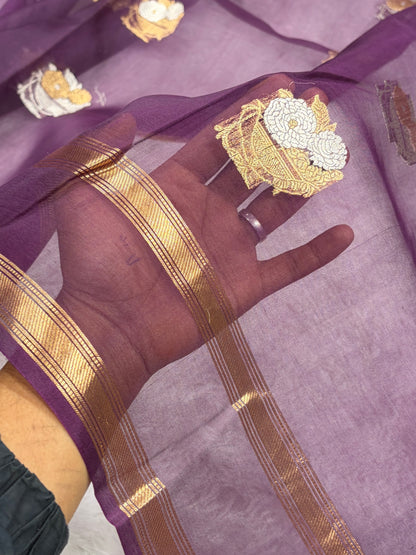 Pure Banarasi Organza Dark Wine Shades Floral Banarasi Silk Saree PO-20