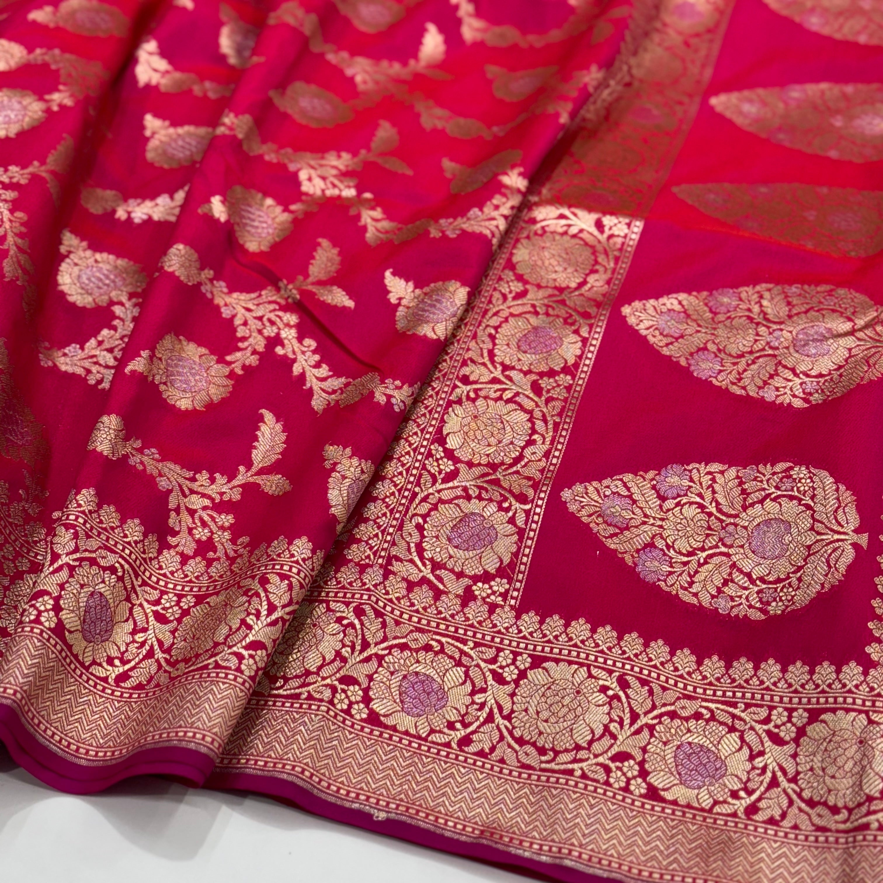 Reddish Pink Antique Zari Blended Banarasi Katan Silk