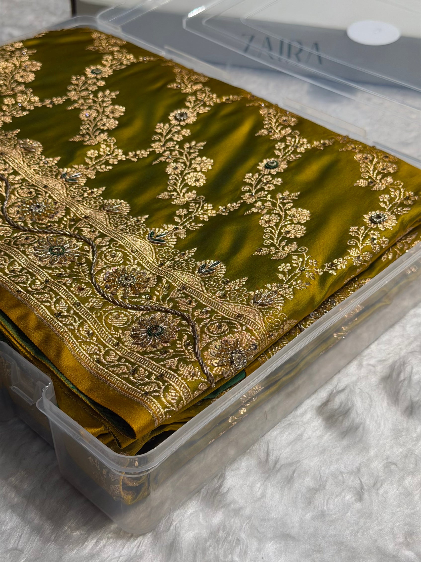 Mehandi Floral Jaal Pattern Satin Katan Silk Saree BSK43