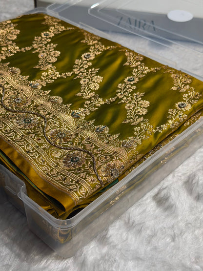 Mehandi Floral Jaal Pattern Satin Katan Silk Saree BSK43
