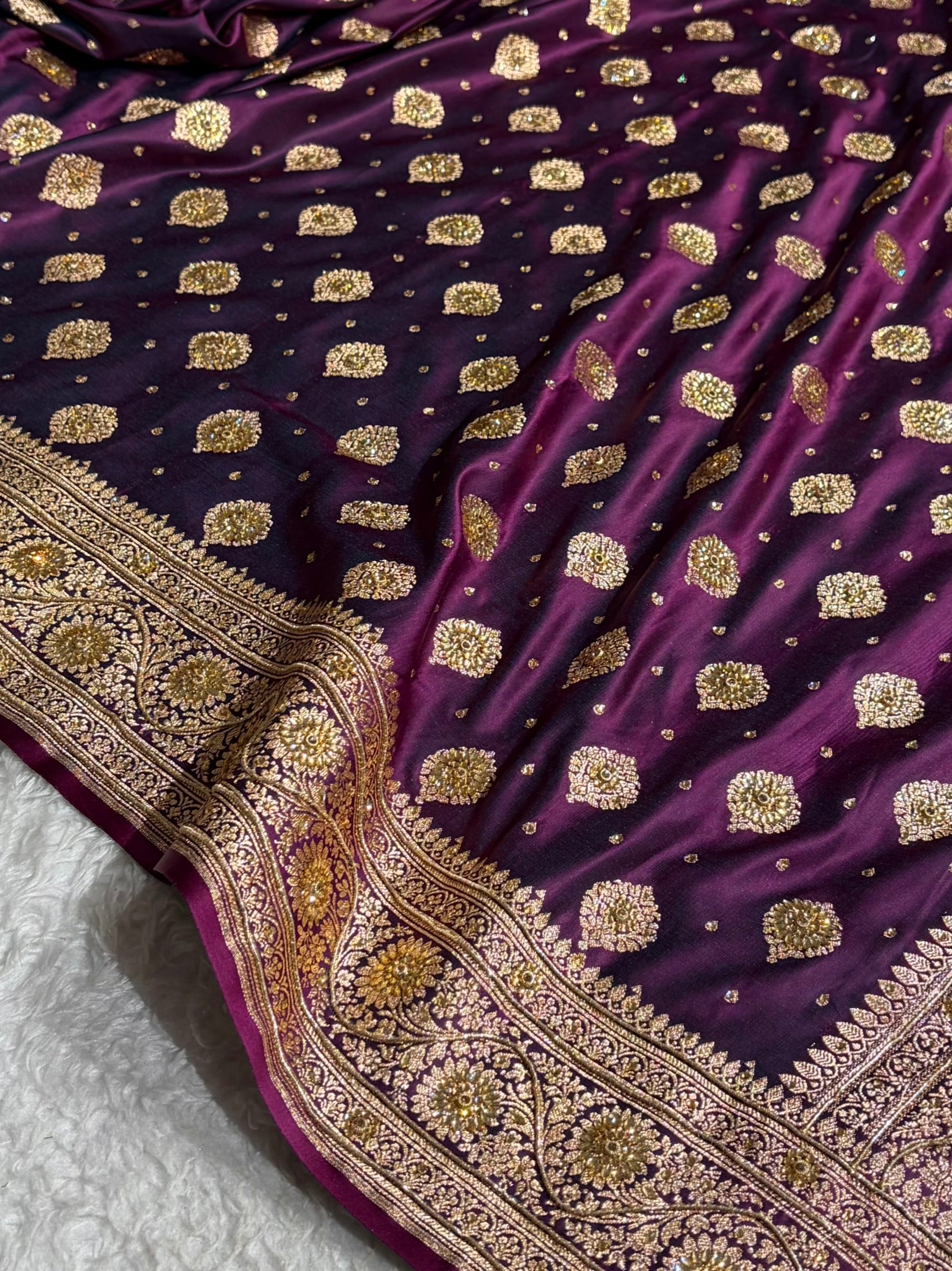 Cross Wine Unique Boota Pattern With Stone & Ari Work Satin Katan Silk Saree BSK69