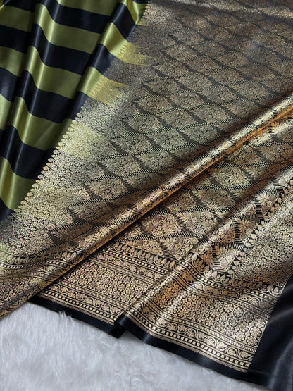 Olive With Black Horizontal Strips Floral Border & Brocket Blouse Mashru Silk Saree MSM-84