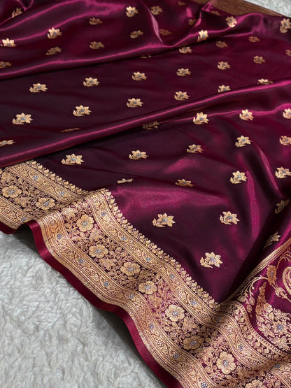 Wine Shades Minakari Boota Pattern Banarasi Satin Silk Saree SS44