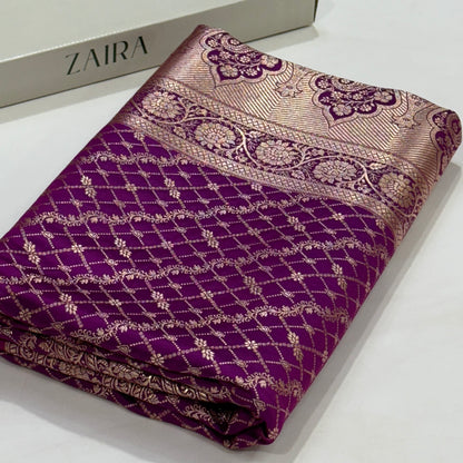 Wine Banarasi Brocade Soft Katan Silk Saree