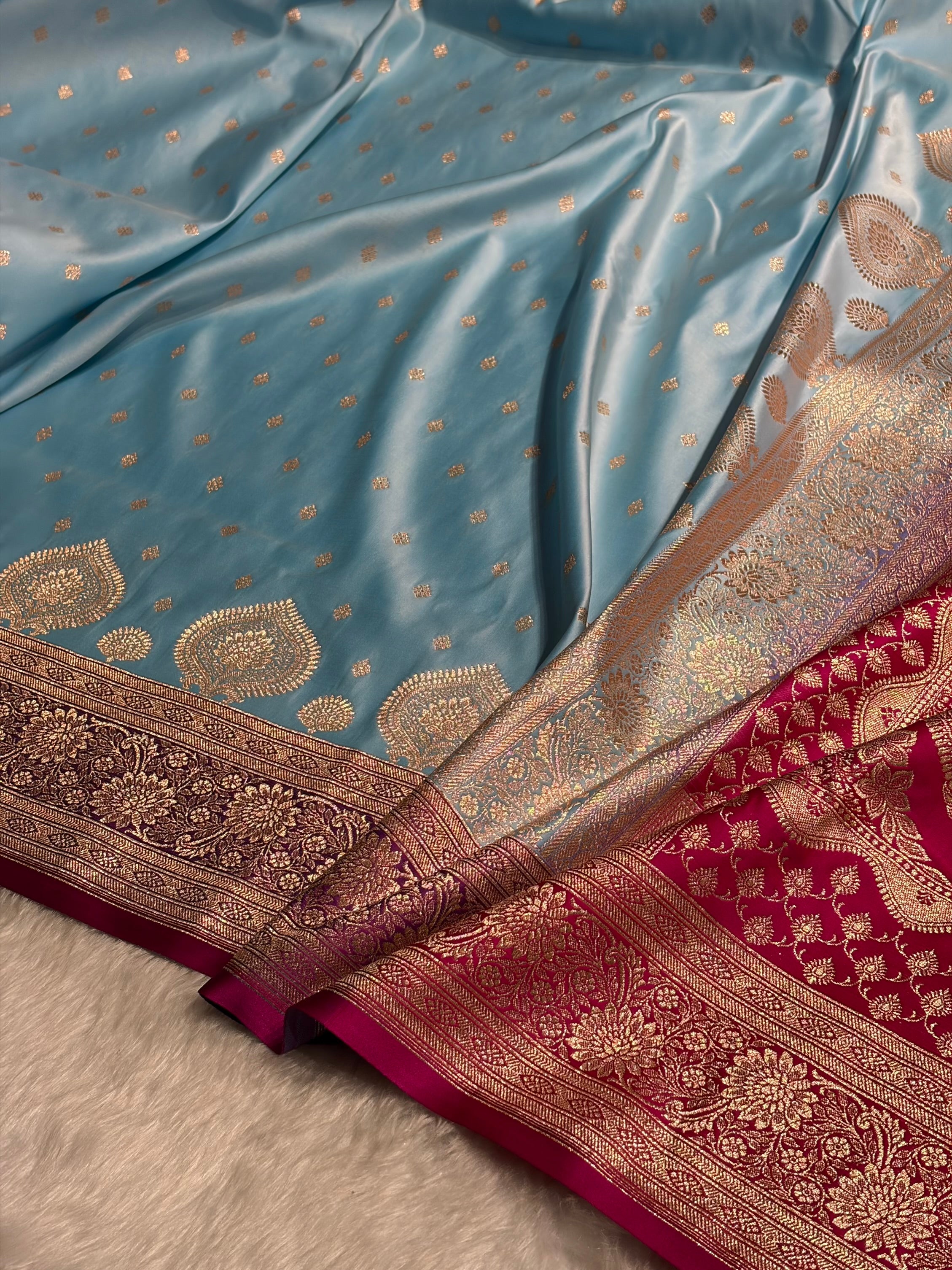 Sky blue with Rani Booti Satin Katan Silk saree SK29