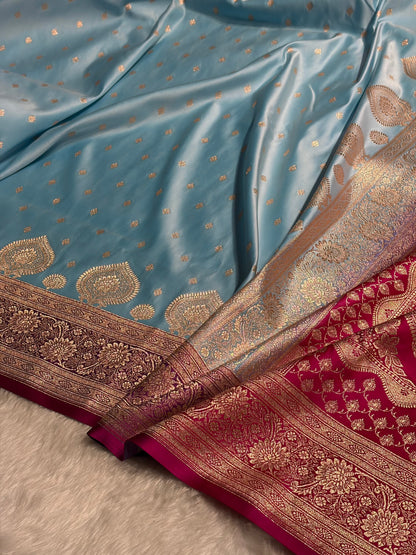 Sky blue with Rani Booti Satin Katan Silk saree SK29