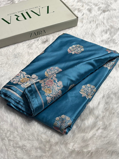 Sky Blue Mashru Silk Saree With Allover Floral Boota MS21