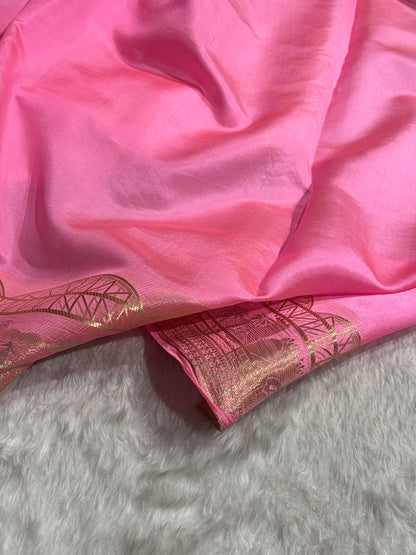 Banarasi Rani With Baby Pink Contrast Shade Flower Boota Pure Caramel Mango Silk Saree CS-18