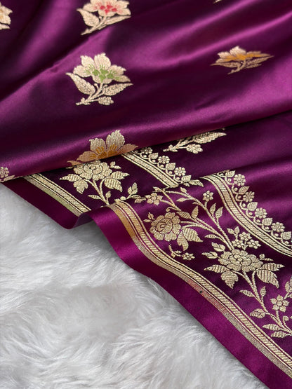 Premium Banarasi Satin Katan Saree With Minakari Boota in Wine Shades SK112