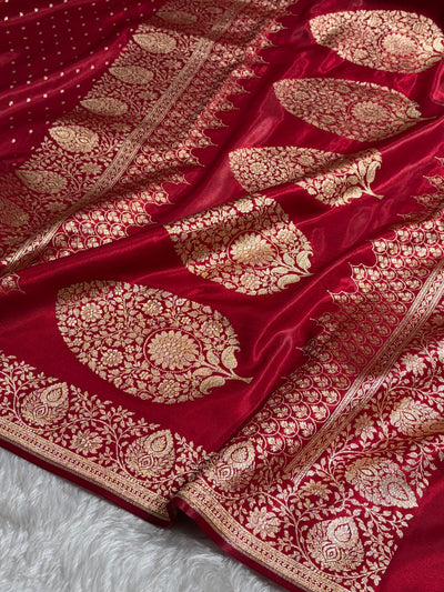Satin Silk Saree Floral Boota in Red Shades SS28