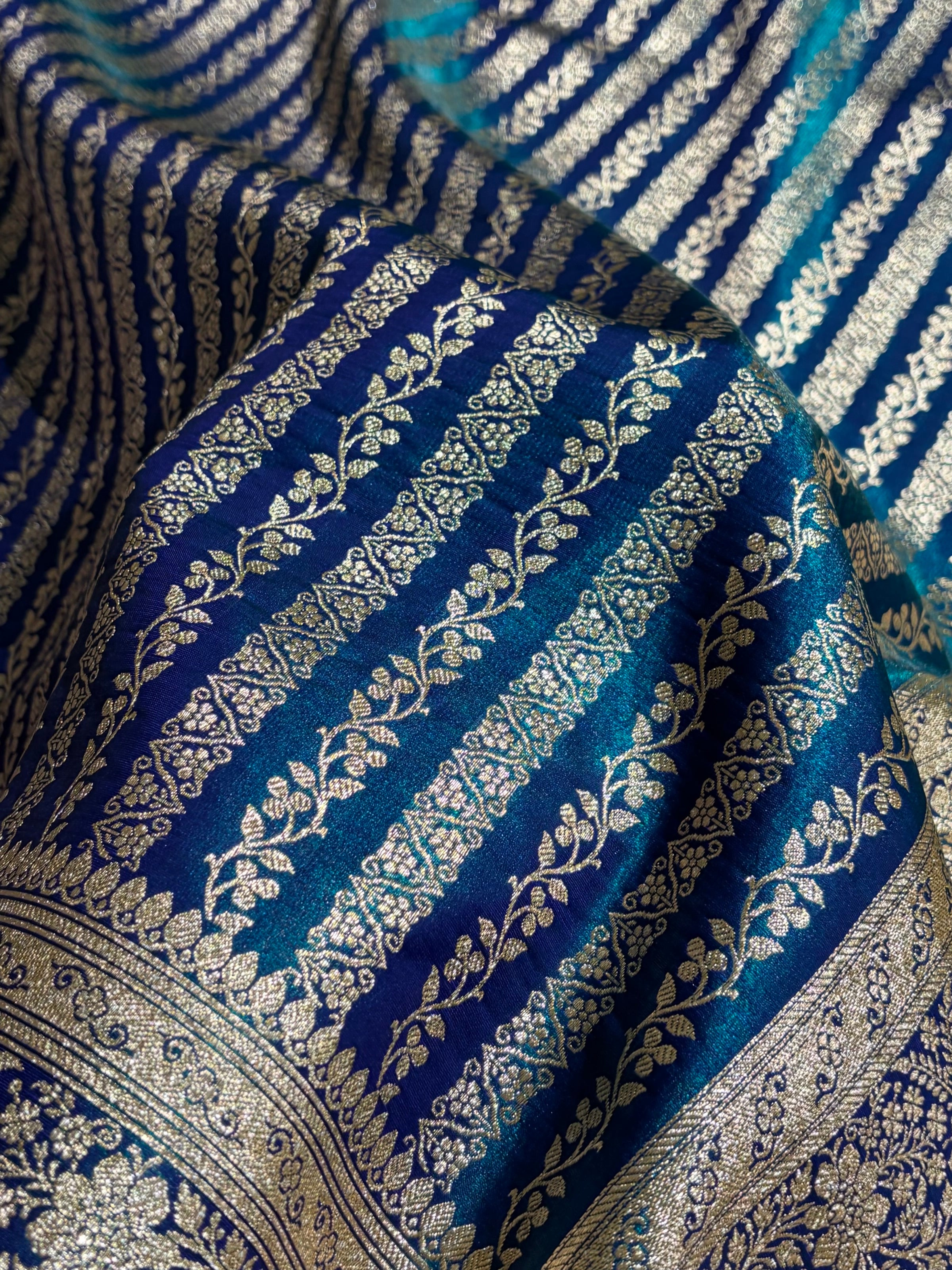 Peacock Shades Stripe Pattern Banarasi Satin Silk Saree SS46