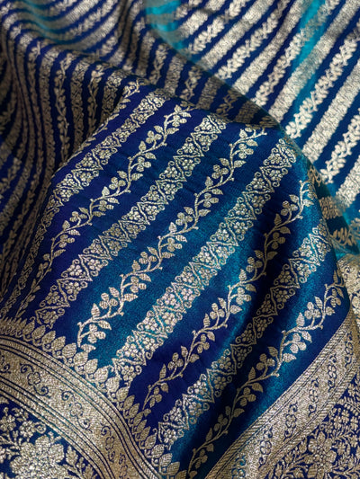 Peacock Shades Stripe Pattern Banarasi Satin Silk Saree SS46