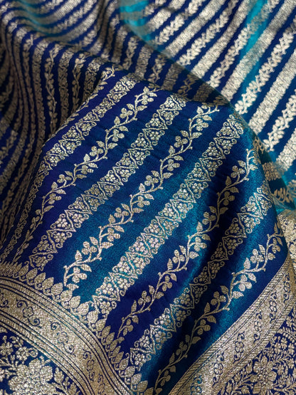 Peacock Shades Stripe Pattern Banarasi Satin Silk Saree SS46