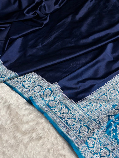 Contrast Navy Blue with Firozi Border Plain Mashru Silk Saree MS22