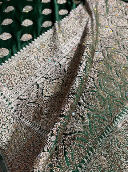 Bottle Green Tree Boota With Swarovski Work Mashru Silk Saree BMS19