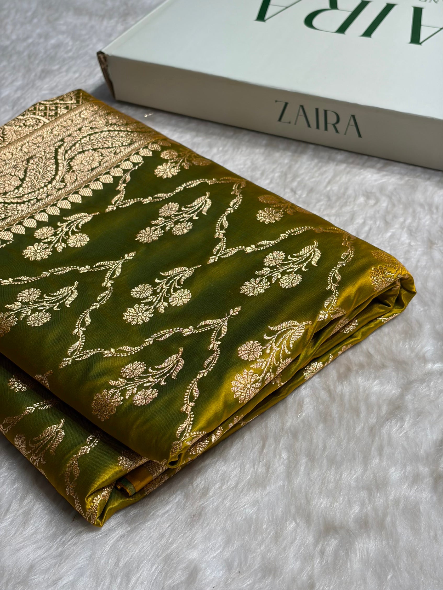 Liril Green Cross with Boota Pattern Satin Katan Silk Saree SK67