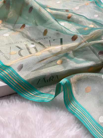 Sea Green Bananasi Floral Shades Pure Tissue Silk Saree PT-35