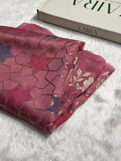 Pure Organza Rangkat Rani Floral Border Banarasi Silk Saree PO-08